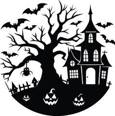 Spooky halloween silhouette scene with a haunted house and mysterious elements