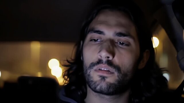 Man With Long Dark Hair In A Car At Night With Soft City Lights And A Concerned Look On His Face