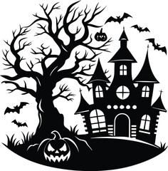 Spooky halloween silhouette scene with a haunted house and mysterious elements