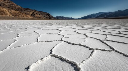 Cracked Salt Flat with Distant Mountains and Blue Sky