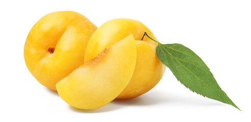 Whole and cut ripe cherry plums isolated on white