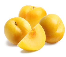 Whole and cut ripe cherry plums isolated on white