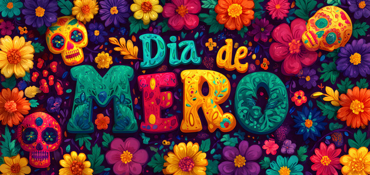 Day of the dead, Dia de los moertos, banner with colrful Mexican flowers. Fiesa, holiday poster, party fyer, greeting card