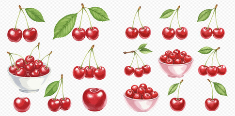A set of hand-drawn watercolor illustrations of ripe red cherries, isolated on a transparent background.