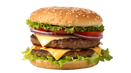 Jumbo fast food burger with two patties, lettuce, tomato, cheese, onion, sesame bun, white background