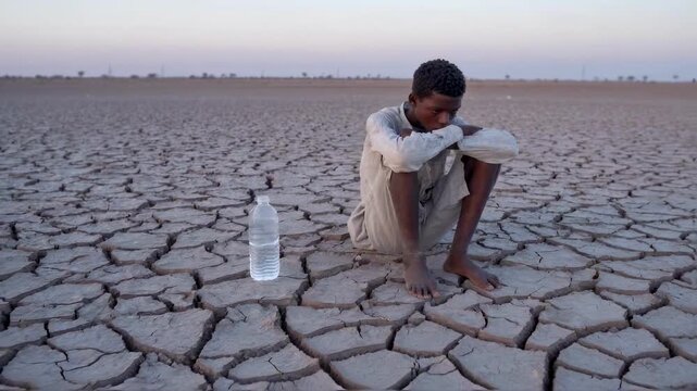 A dehydrated boy sits on cracked dry earth next to a bottle of water. A powerful concept illustrating climate change, drought, poverty, and water scarcity
