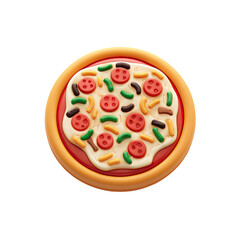 Circular pizza with pepperoni, peppers, and other toppings