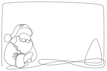 Line Art Christmas or new Year Card Background. One Continuous Outline Santa Clause Silhouette. Winter Holiday Mascot Contour Drawing. Christmas Family Greeting Party Decoration Santa Character 