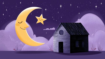 Fototapeta premium A night sky with a crescent moon and a star, both with smiling faces, over a cute haunted house