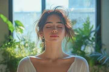 Serene young woman with eyes closed, bathed in sunlight, amidst lush indoor plants.