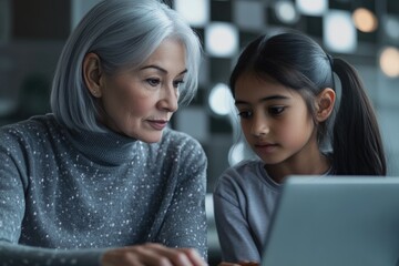 Grandmother and granddaughter attentively using a laptop together, sharing a moment of connection and learning.
