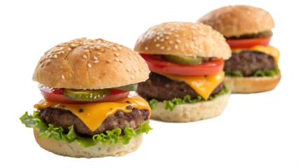 Mini slider burger trio with three small colorful burgers, beef patties, cheddar cheese, lettuce, sesame buns, white background