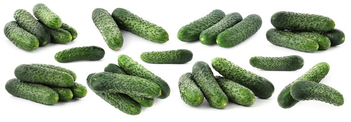 Fresh ripe cucumbers isolated on white, collage