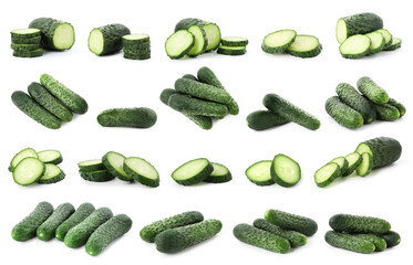 Fresh cucumbers isolated on white, collage. Whole and sliced