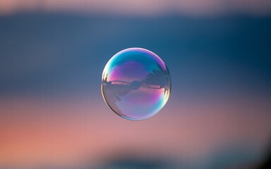 Close up of a single iridescent soap bubble floating against a blurred colorful sky