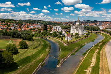 Valjevo, panorama aerial drone view of City in Serbia