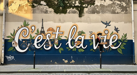 C'est la vie mural featuring eiffel tower foliage and bird art on a building wall in an urban setting