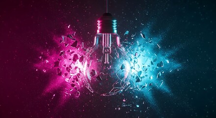 Exploding Lightbulb With Pink And Blue Energy Bursting Outwards