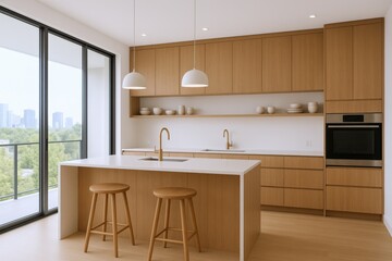 Modern Kitchen Design with Island, Wooden Cabinets, White Countertops, and City View, Creating a Bright and Inviting Culinary Space