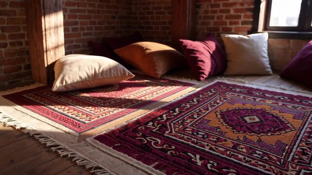 Sunlight streams into a cozy corner decorated with patterned rugs, soft pillows, and exposed brick walls. Warm colors and textures create a relaxing, inviting atmosphere for quiet moments.