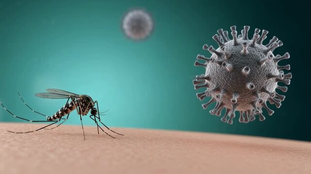 A 3d illustration of a mosquito on human skin next to a magnified virus particle. Concept of tropical disease transmission like chikungunya, dengue or zika via insect bites