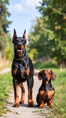 Two canines, a Doberman Pinscher and a Dachshund, stand side-by-side on a light gray path, bathed in natural light, with a blurred background of green foliage and a clear sky.