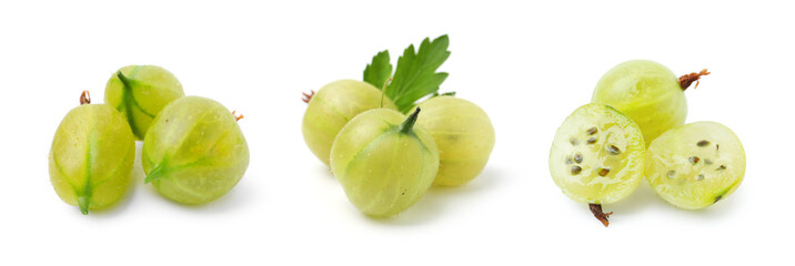 Fresh green gooseberries on white background, set