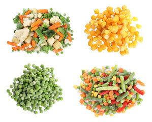 Different frozen vegetables on white background, set. Top view