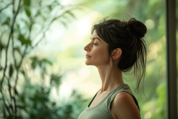 A serene woman with eyes closed, practicing mindfulness near a window with a blurred green background.