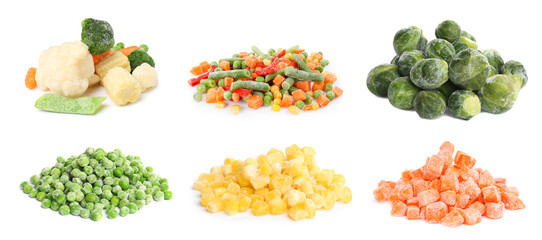 Different frozen vegetables on white background, set