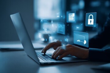 Secure data protection and network security systems. VPN connections and zero trust security. Man using laptop computer with an encrypted data security system.