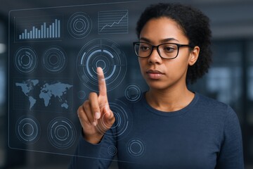 African American Woman Interacting with Futuristic Interface Displaying Data and Analytics for Business Insights