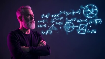 An elderly man with a gray beard looks at glowing mathematical and geometric formulas. The concept of science, education, solving complex problems and high intelligence - Powered by Adobe