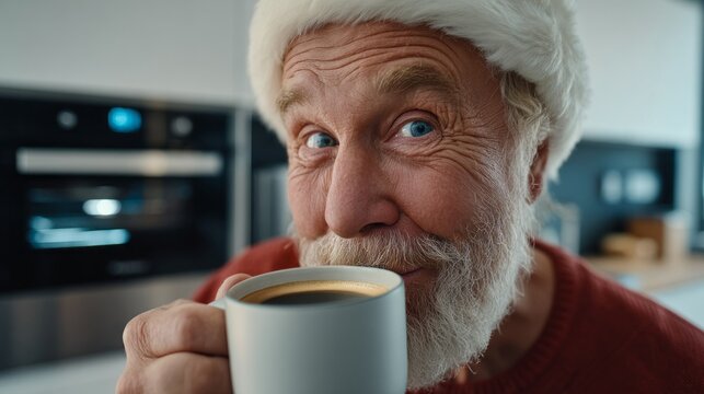 Elderly man enjoys warm coffee while wearing a festive hat in a cozy kitchen during the winter season