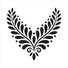 Black floral ornament with leaves and dots on white background decorative pattern