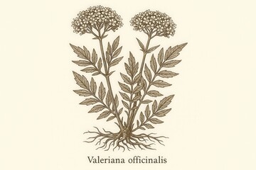 Valerian Root and Flowers (Valeriana officinalis) — Vintage Botanical Illustration of Medicinal Herb