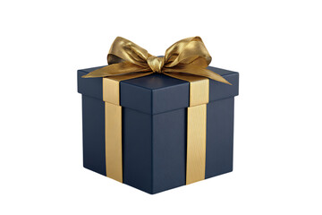 Elegant dark blue gift box with golden ribbon and bow.  Perfect for holidays or special occasions.