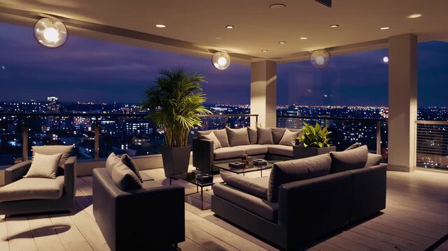 A modern apartment living room features elegant sofas and a city skyline view at night. Large windows frame the glowing city lights, creating a stylish and comfortable atmosphere ideal for evening rel
