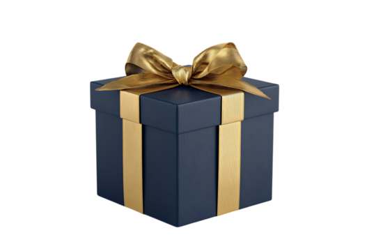 Elegant dark blue gift box with golden ribbon and bow.  Perfect for holidays or special occasions.