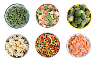 Different frozen vegetables in bowls on white background, set. Top view