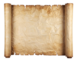 Ancient scroll of old weathered paper isolated on white