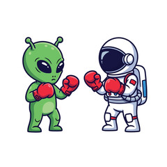 Alien and astronaut face off in a playful boxing match, ready for adventure and competition
