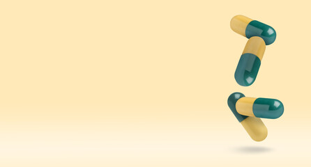 Pills falling against orange gradient background. Banner design with space for text