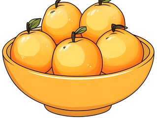 Five Juicy Oranges in a Yellow Bowl Fruit Illustration