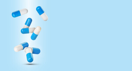 Pills falling against light blue gradient background. Banner design with space for text