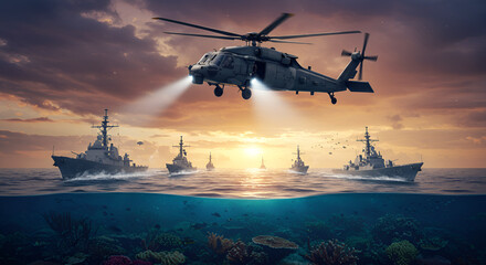 military helicopter in the sky