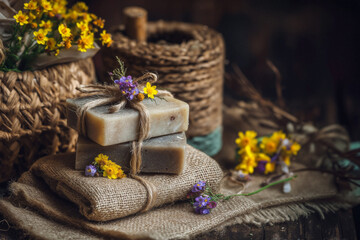 Two bars of natural handmade soap, tied with twine and decorated with small flowers, rest on a piece of burlap, evoking a rustic, spa-like atmosphere