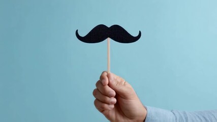 A hand holds a paper mustache prop on a stick against a blue background. A minimal concept for men's health awareness month, parties, and photo booths with copy space - Powered by Adobe