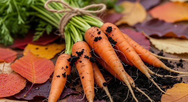 Fresh Baby Carrots with Soil and Autumn Leaves.