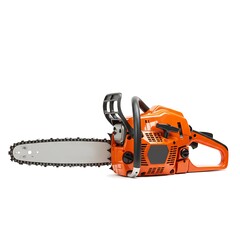 Naklejka premium A close-up of a new orange and black chainsaw, highlighting its professional and durable design.
